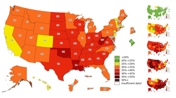 ▲미국의 성인 비만 유병률 지도(출처 = CDC)