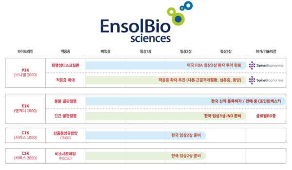 ▲엔솔바이오사이언스 주요 파이프라인 (출처 = 엔솔바이오사이언스)